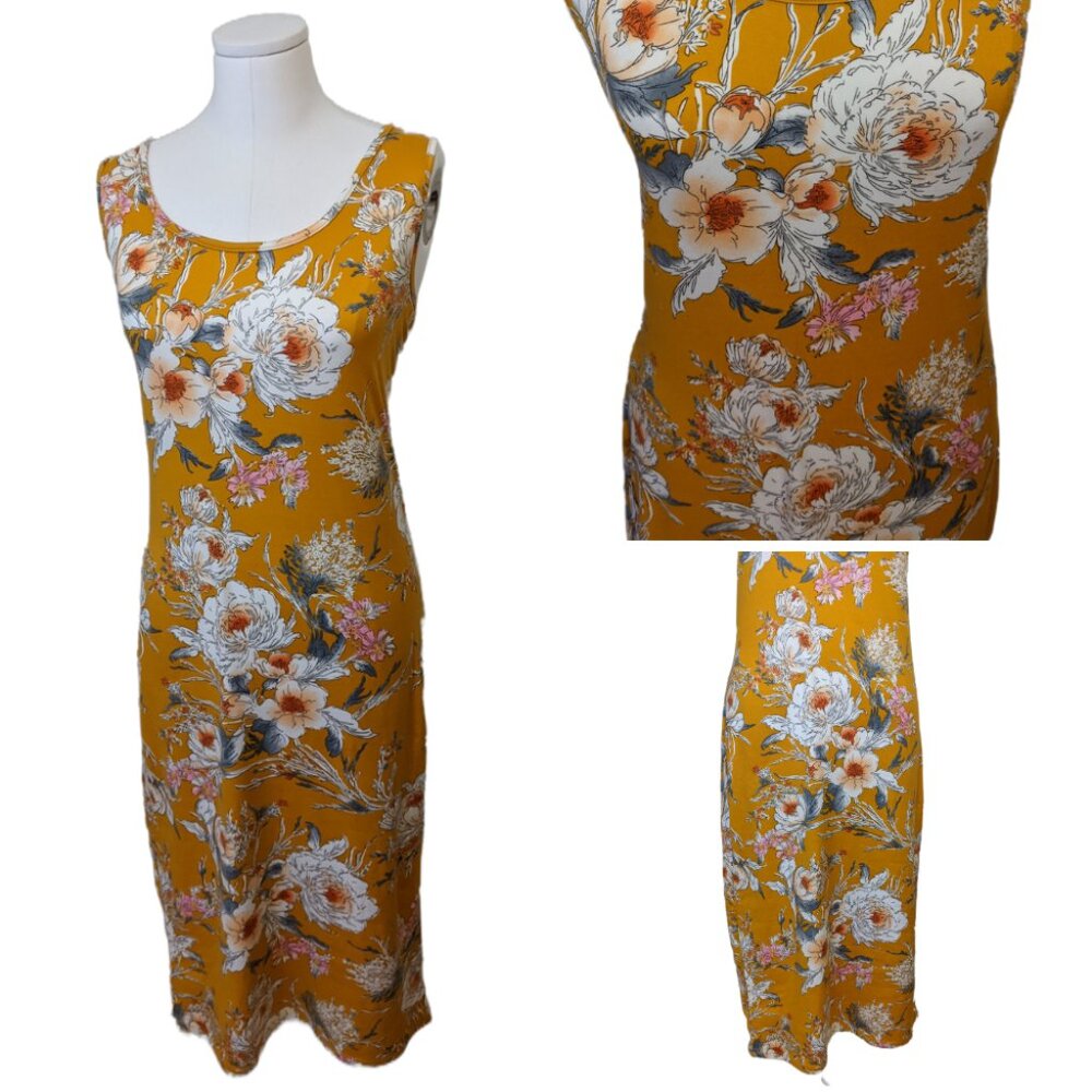 Mustard Floral Maxi Dress - Sleeveless Scoop Neck